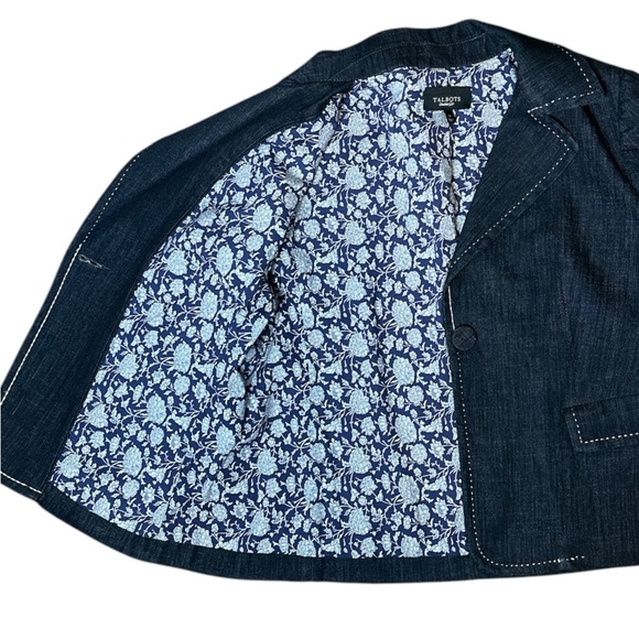 Talbots navy dark wash fully lined fitted denim single closure jacket 3/4 sleeve - Picture 9 of 13